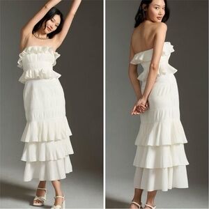 Anthropologie Let Me Be Strapless Off White Tiered Ruffle Midi Dress